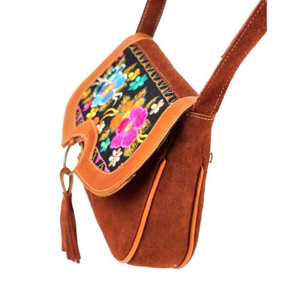 HANDCRAFTED BROWN GENUINE LEATHER SUEDE EMBROIDERY FLAP XBODY PURSE SHOULDER BAG - Picture 5 of 16